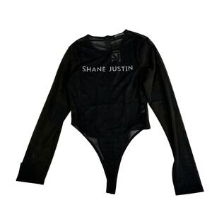 Shane Justin Black Sheer Mesh Long Sleeve Logo Bodysuit Womens Size Medium NEW